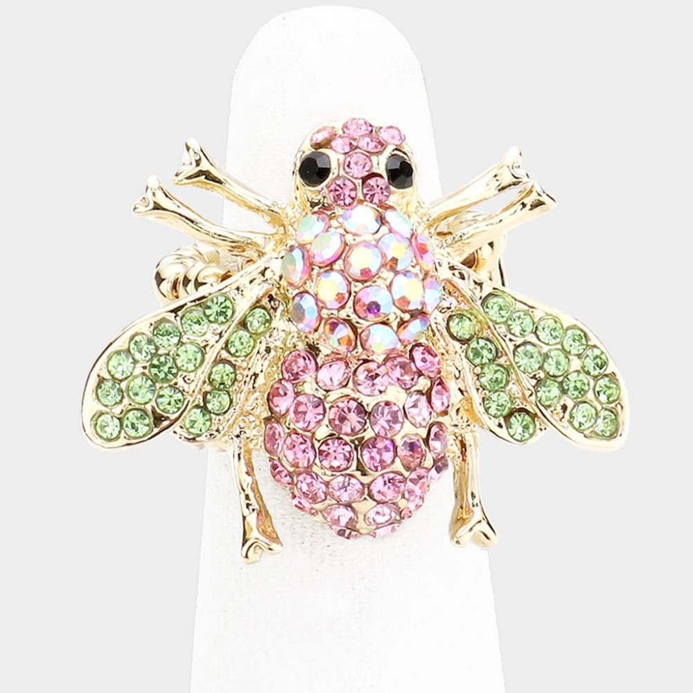 Gold Pink Rhinestone Crystal Stretch HoneyBee Ring